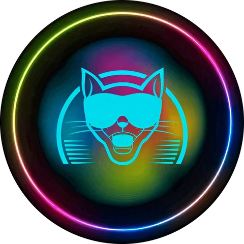 Cosmic Creatures logo: a neon teal cat wearing sunglasses inside a glowing rainbow ring